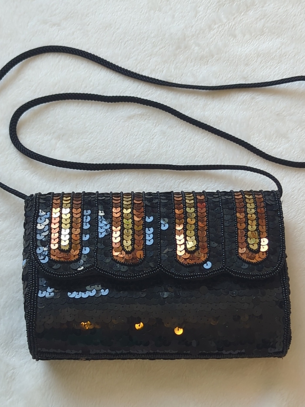 La Regale Black Sequin Clutch with Gold & Bronze Accents